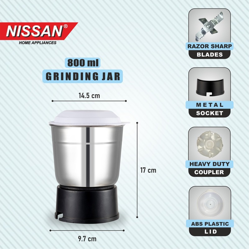 NISSAN HOME APPLIANCES 800ML Stainless Steel Juicer Mixer Grinder Jar | Heavy Duty Replacement Mixie Jar for Grinding, Blending & Juicing | Compatible with Most Mixer Grinders | Durable Food-Grade Steel Body